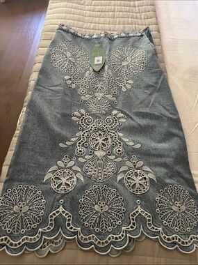 FARM Rio Blue Embroidered Denim Midi Skirt